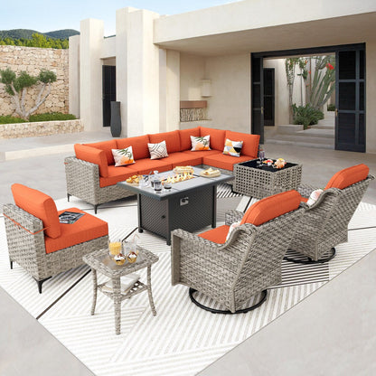 Ensemble de 11 chaises pivotantes d'extérieur en osier OVIOS avec table basse et foyer à énergie solaire