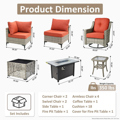 Ensemble de 11 chaises pivotantes d'extérieur en osier OVIOS avec table basse et foyer à énergie solaire