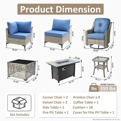 Ensemble de 11 chaises pivotantes d'extérieur en osier OVIOS avec table basse et foyer à énergie solaire