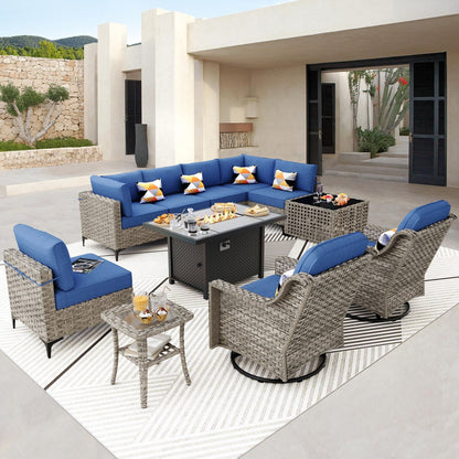 Ensemble de 11 chaises pivotantes d'extérieur en osier OVIOS avec table basse et foyer à énergie solaire