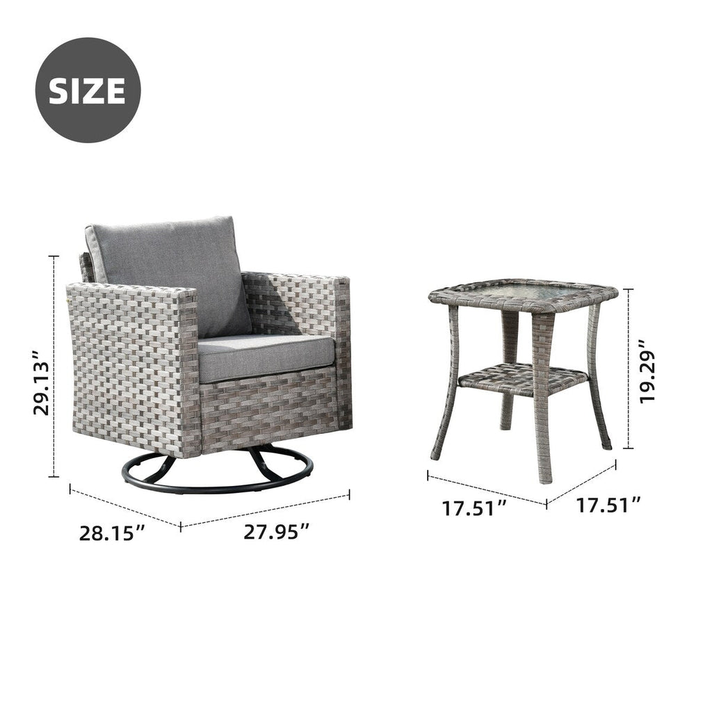 Ensemble de 2 chaises pivotantes à bascule en osier OVIOS avec table d'appoint et fauteuil de conversation
