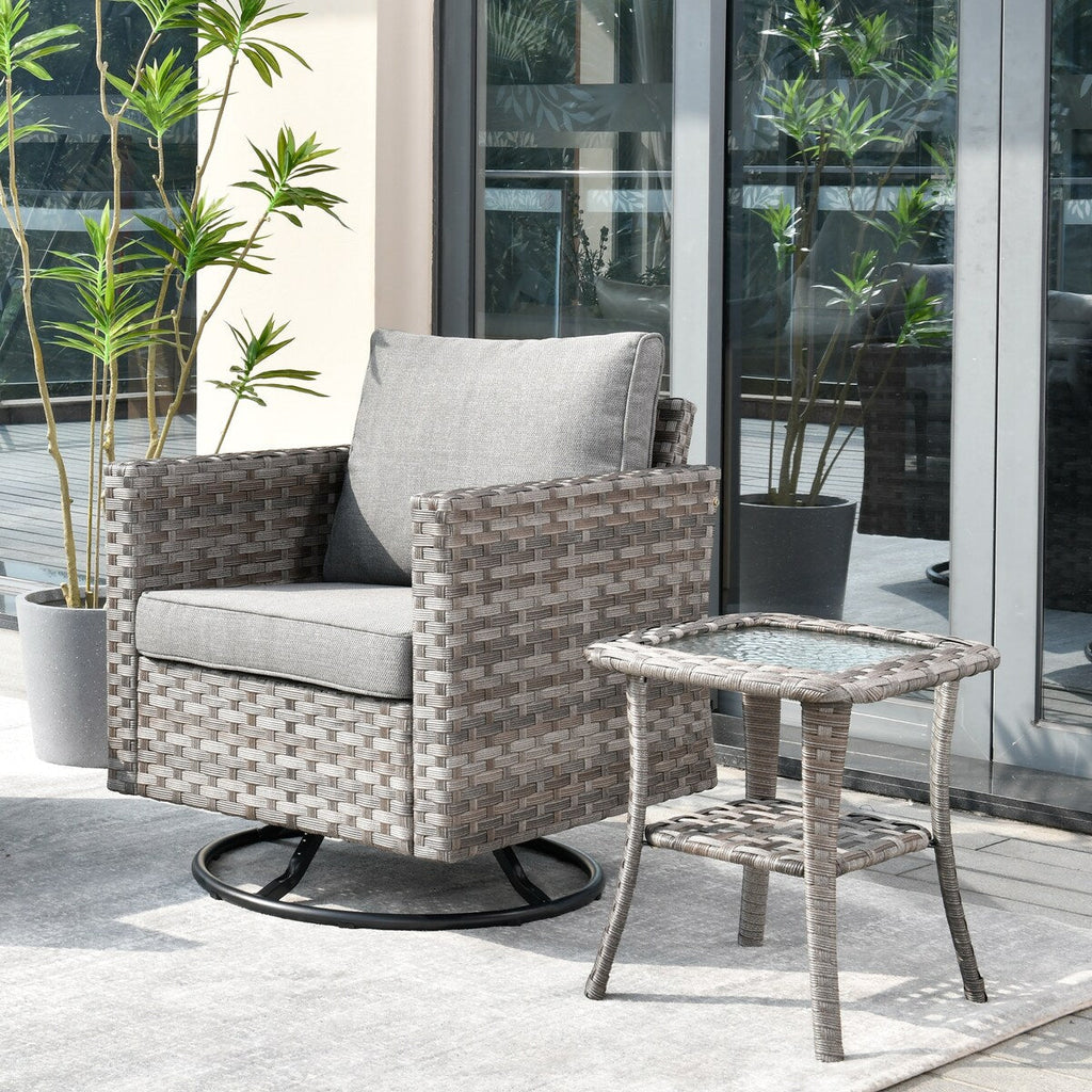 Ensemble de 2 chaises pivotantes à bascule en osier OVIOS avec table d'appoint et fauteuil de conversation