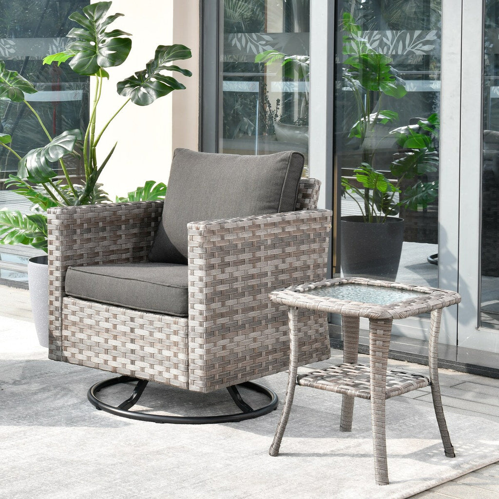 Ensemble de 2 chaises pivotantes à bascule en osier OVIOS avec table d'appoint et fauteuil de conversation