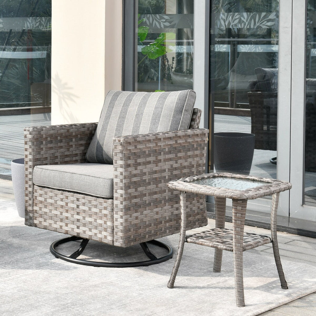 Ensemble de 2 chaises pivotantes à bascule en osier OVIOS avec table d'appoint et fauteuil de conversation