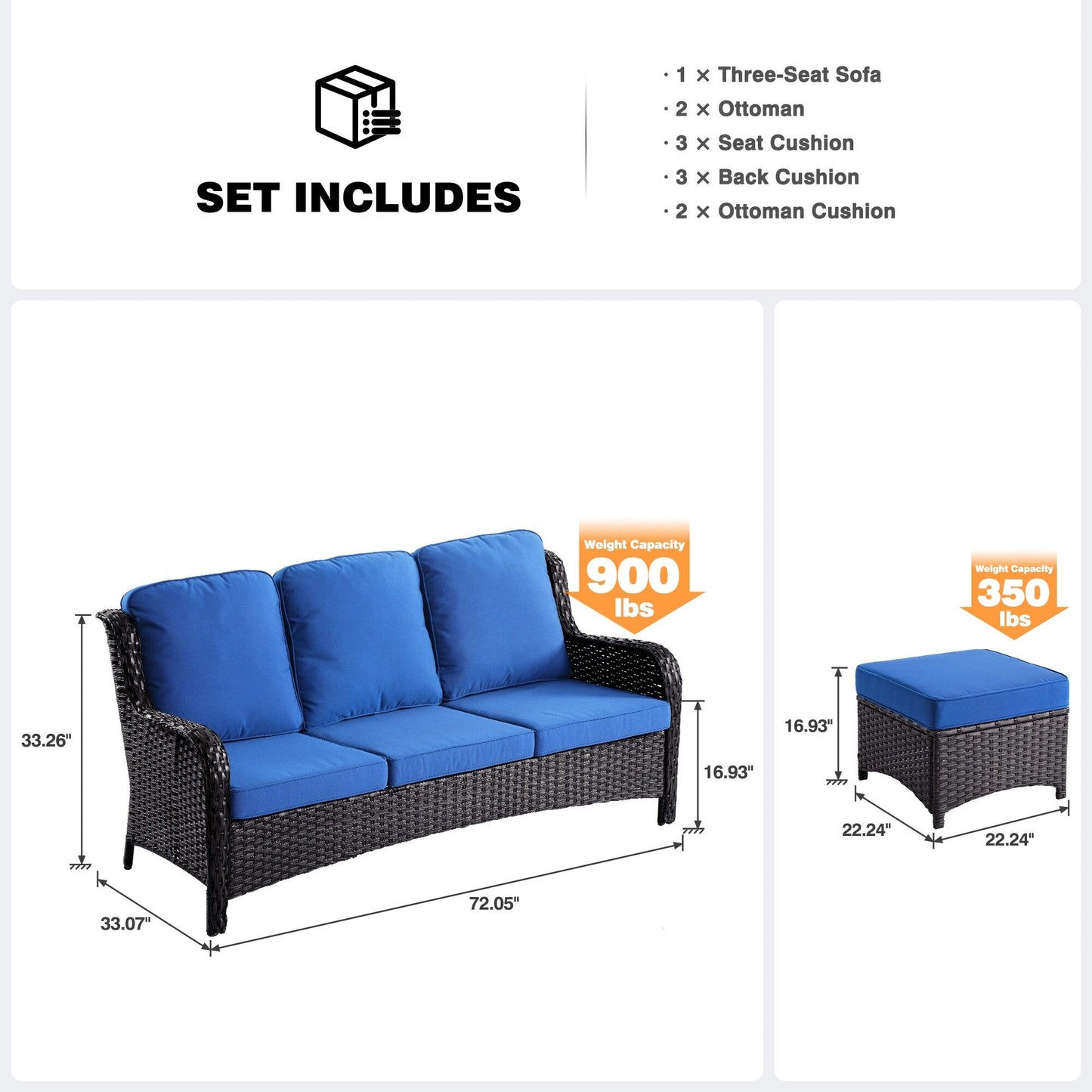 Canapé de patio 3 pièces en osier OVIOS avec poufs
