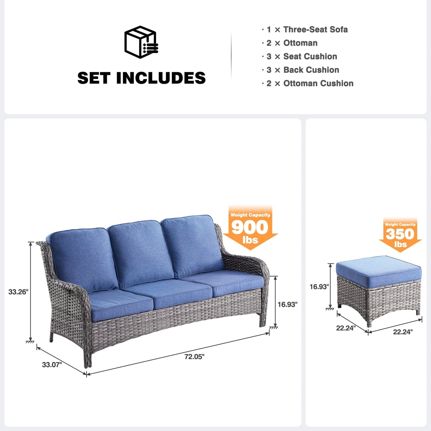 Canapé de patio 3 pièces en osier OVIOS avec poufs