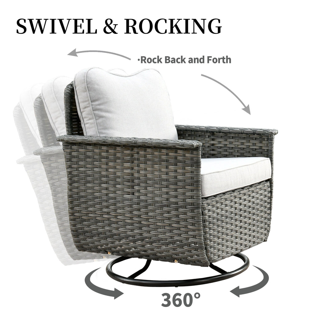 Ensemble de 3 chaises pivotantes en osier pour patio OVIOS, adaptées aux animaux de compagnie