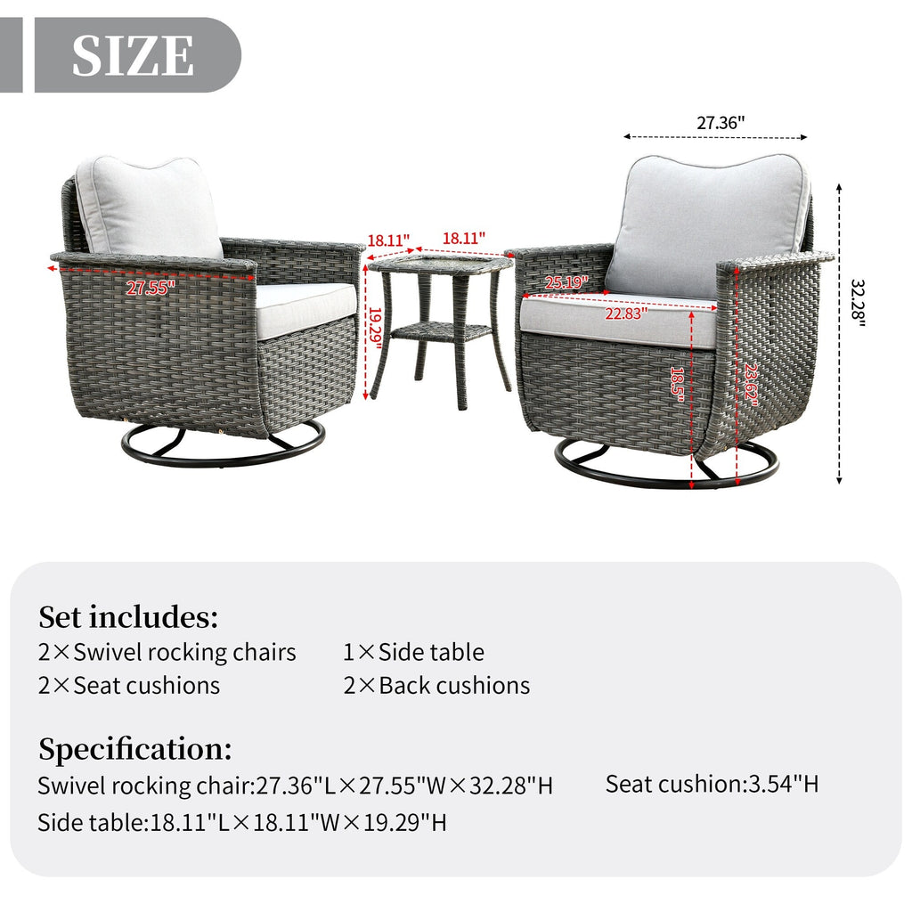 Ensemble de 3 chaises pivotantes en osier pour patio OVIOS, adaptées aux animaux de compagnie