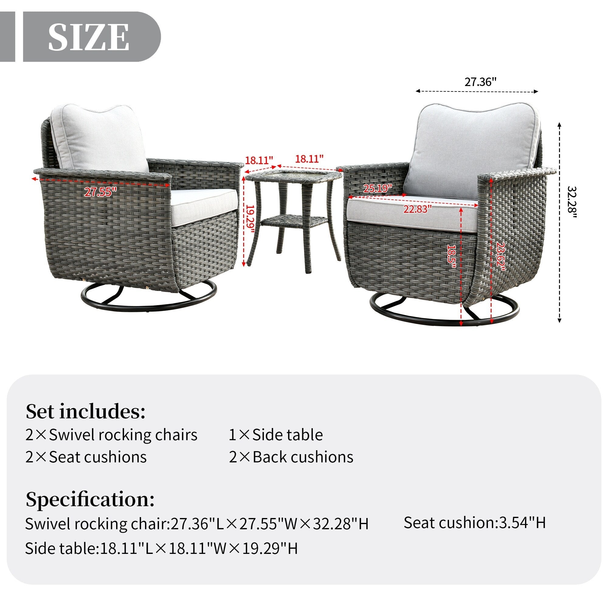 Ensemble de 3 chaises pivotantes en osier pour patio OVIOS, adaptées aux animaux de compagnie