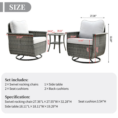 Ensemble de 3 chaises pivotantes en osier pour patio OVIOS, adaptées aux animaux de compagnie
