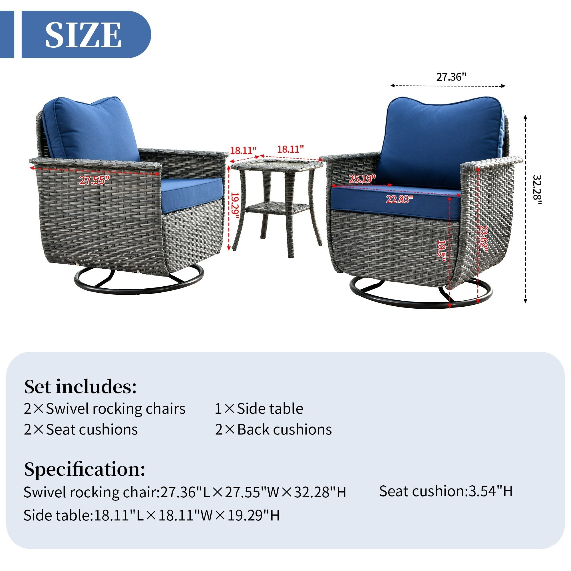 Ensemble de 3 chaises pivotantes en osier pour patio OVIOS, adaptées aux animaux de compagnie