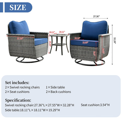 Ensemble de 3 chaises pivotantes en osier pour patio OVIOS, adaptées aux animaux de compagnie