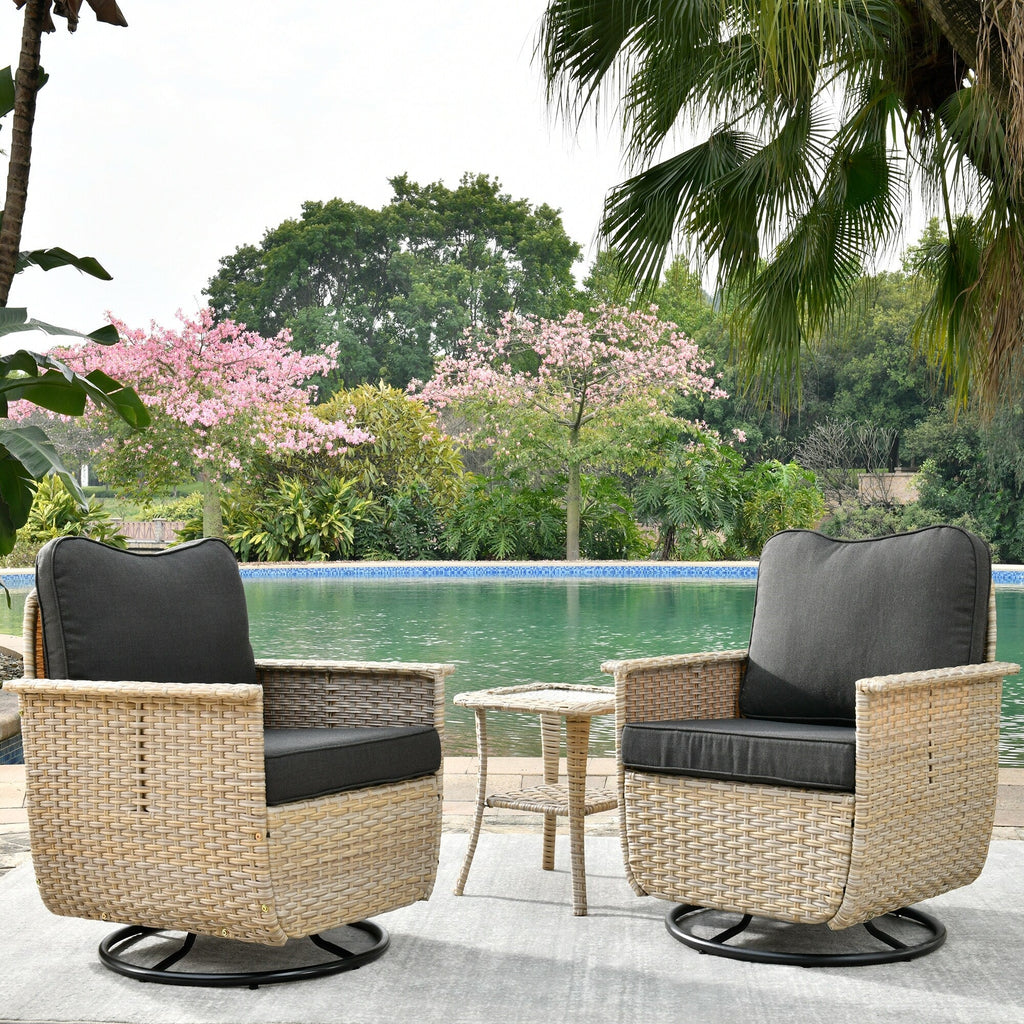 Ensemble de 3 chaises pivotantes en osier pour patio OVIOS, adaptées aux animaux de compagnie