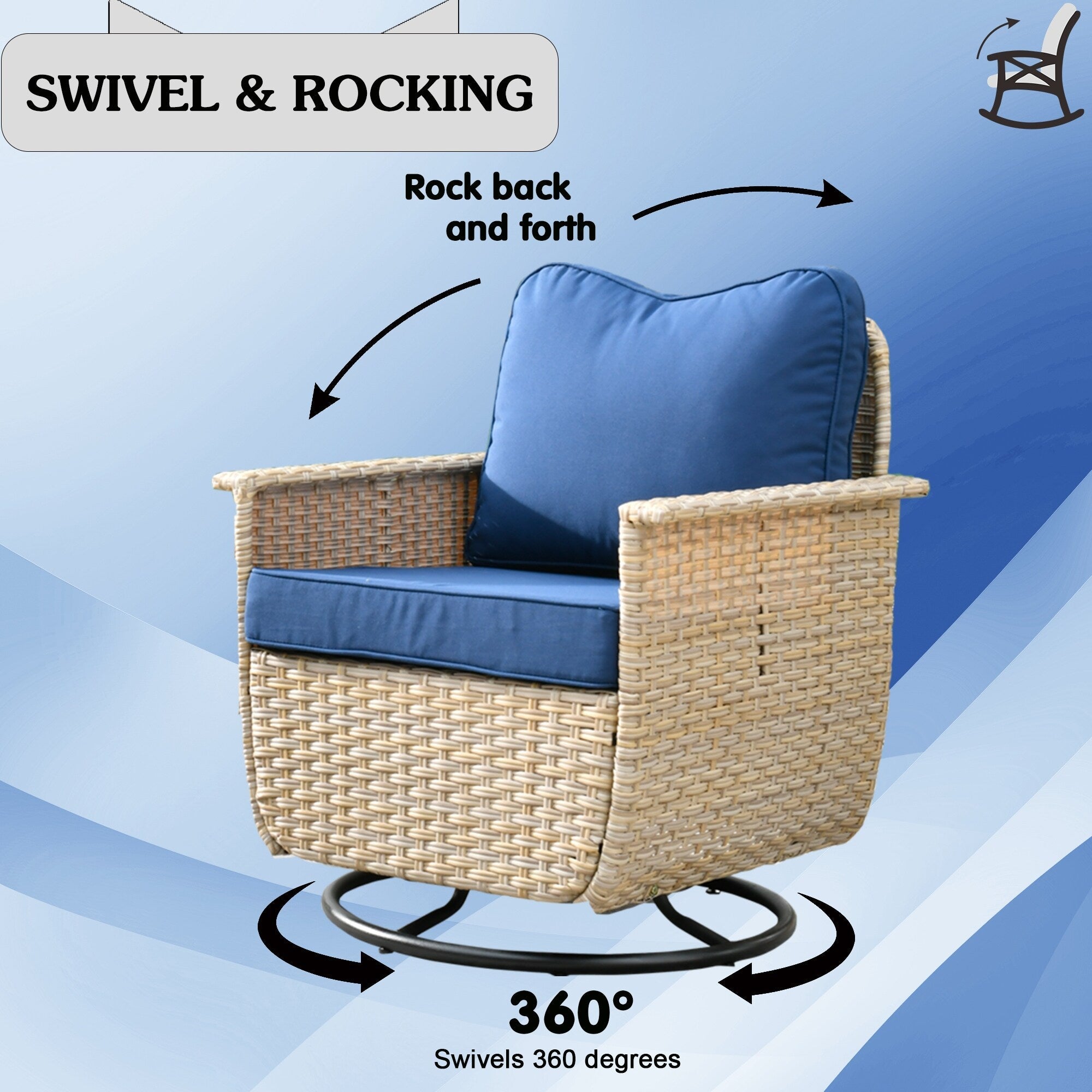 Ensemble de 3 chaises pivotantes en osier pour patio OVIOS, adaptées aux animaux de compagnie