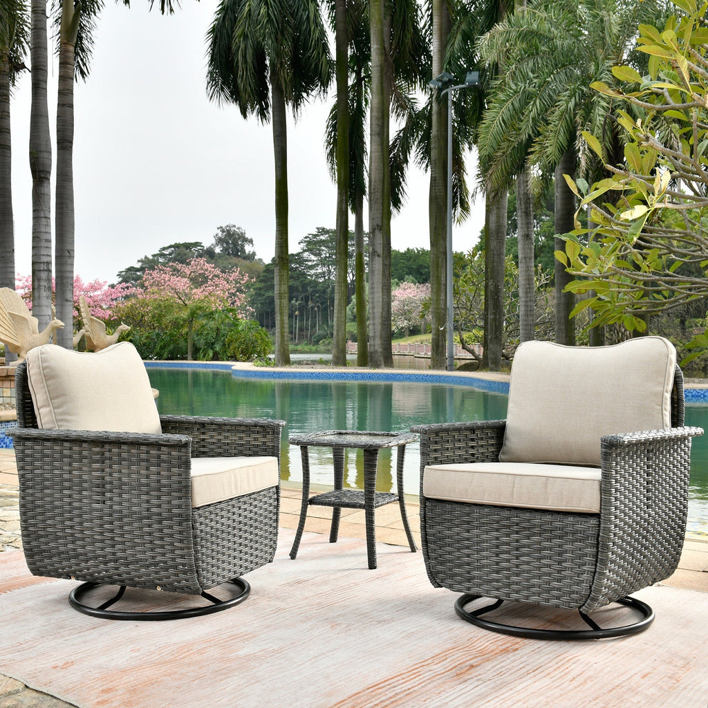 Ensemble de 3 chaises pivotantes en osier pour patio OVIOS, adaptées aux animaux de compagnie