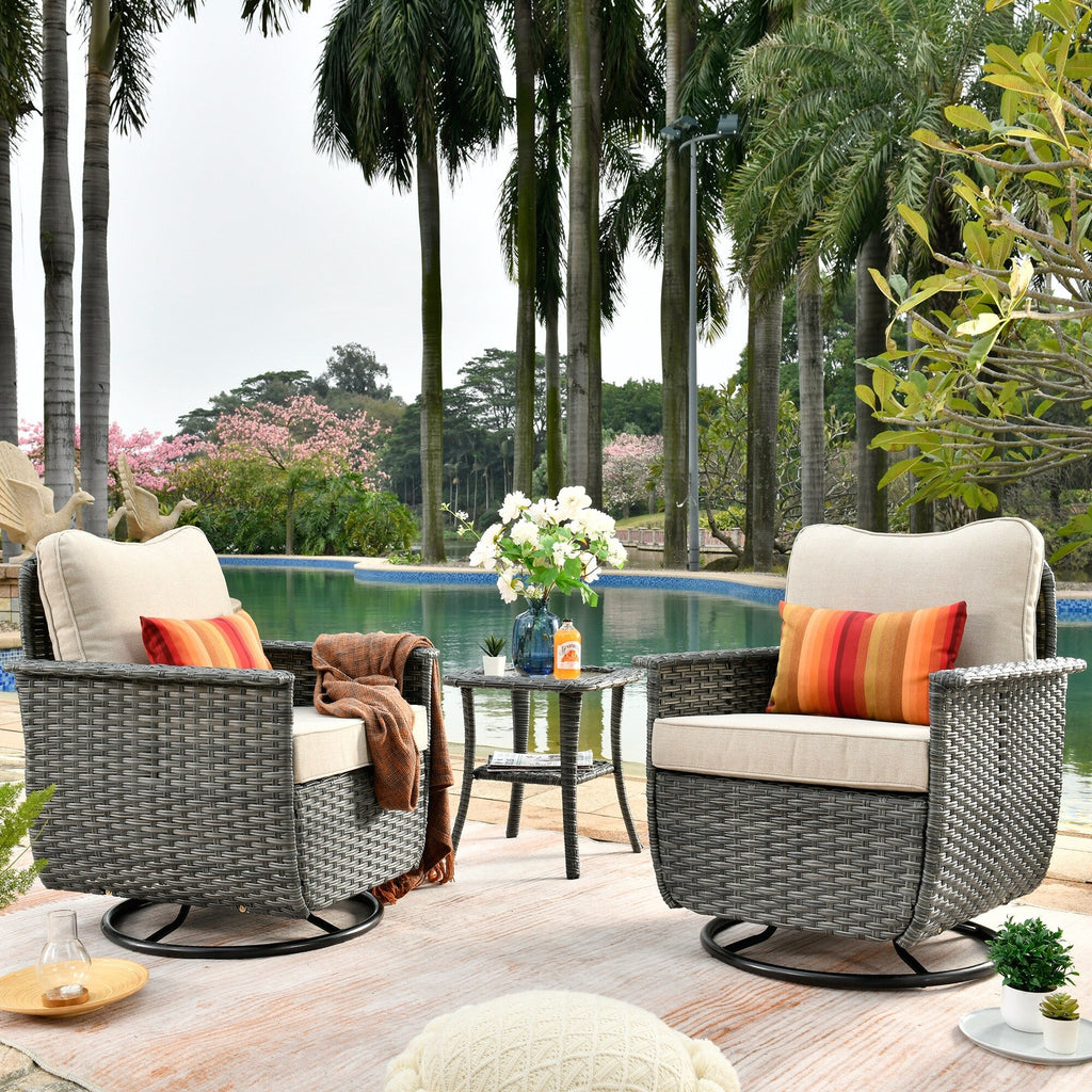 Ensemble de 3 chaises pivotantes en osier pour patio OVIOS, adaptées aux animaux de compagnie