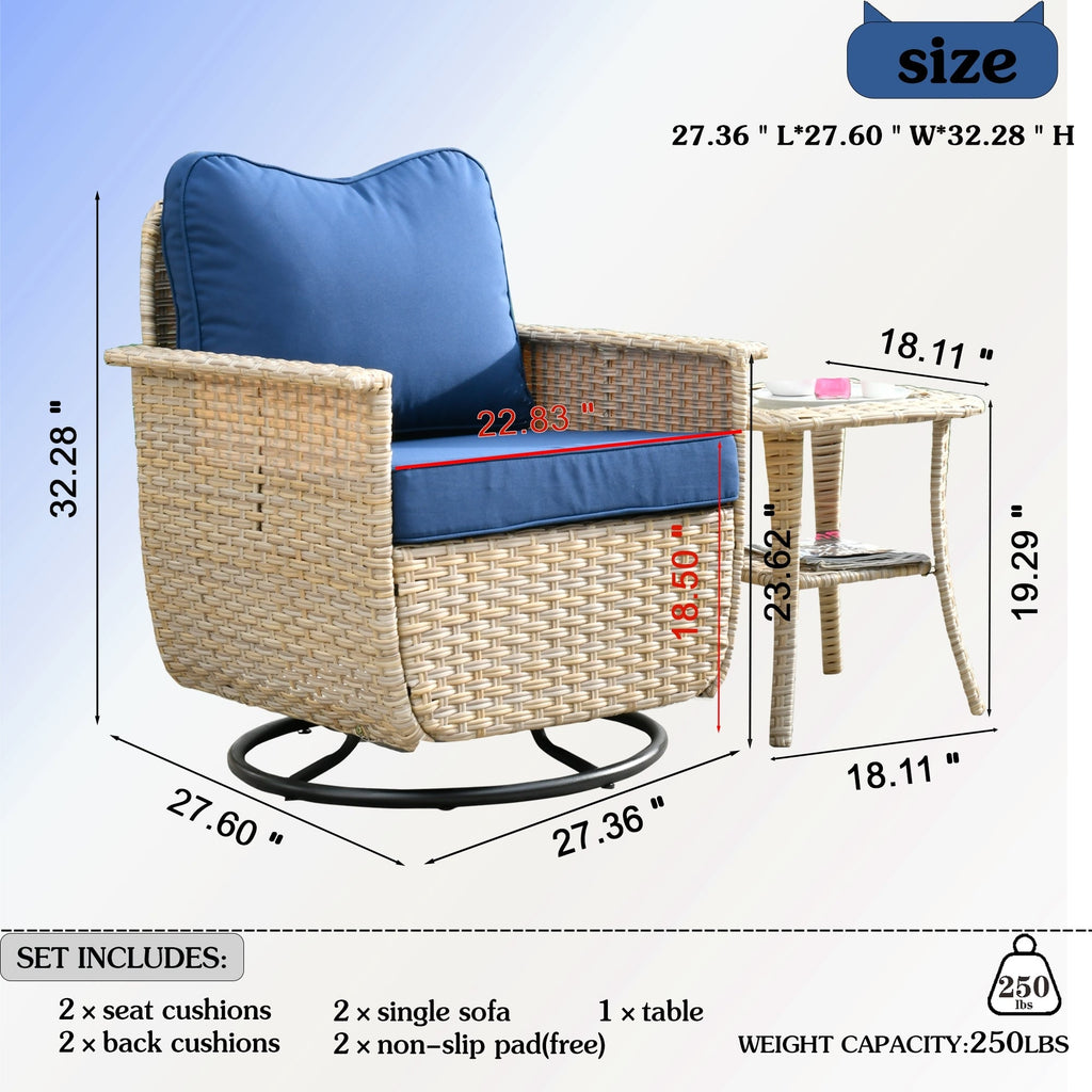 Ensemble de 3 chaises pivotantes en osier pour patio OVIOS, adaptées aux animaux de compagnie
