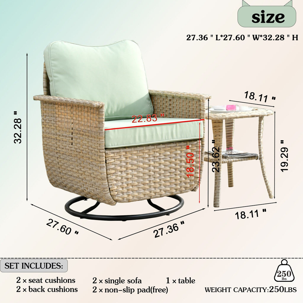 Ensemble de 3 chaises pivotantes en osier pour patio OVIOS, adaptées aux animaux de compagnie