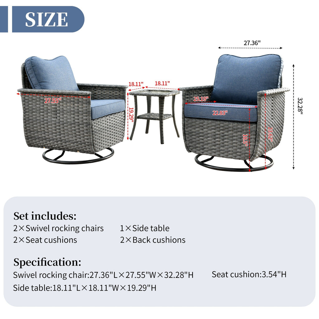Ensemble de 3 chaises pivotantes en osier pour patio OVIOS, adaptées aux animaux de compagnie
