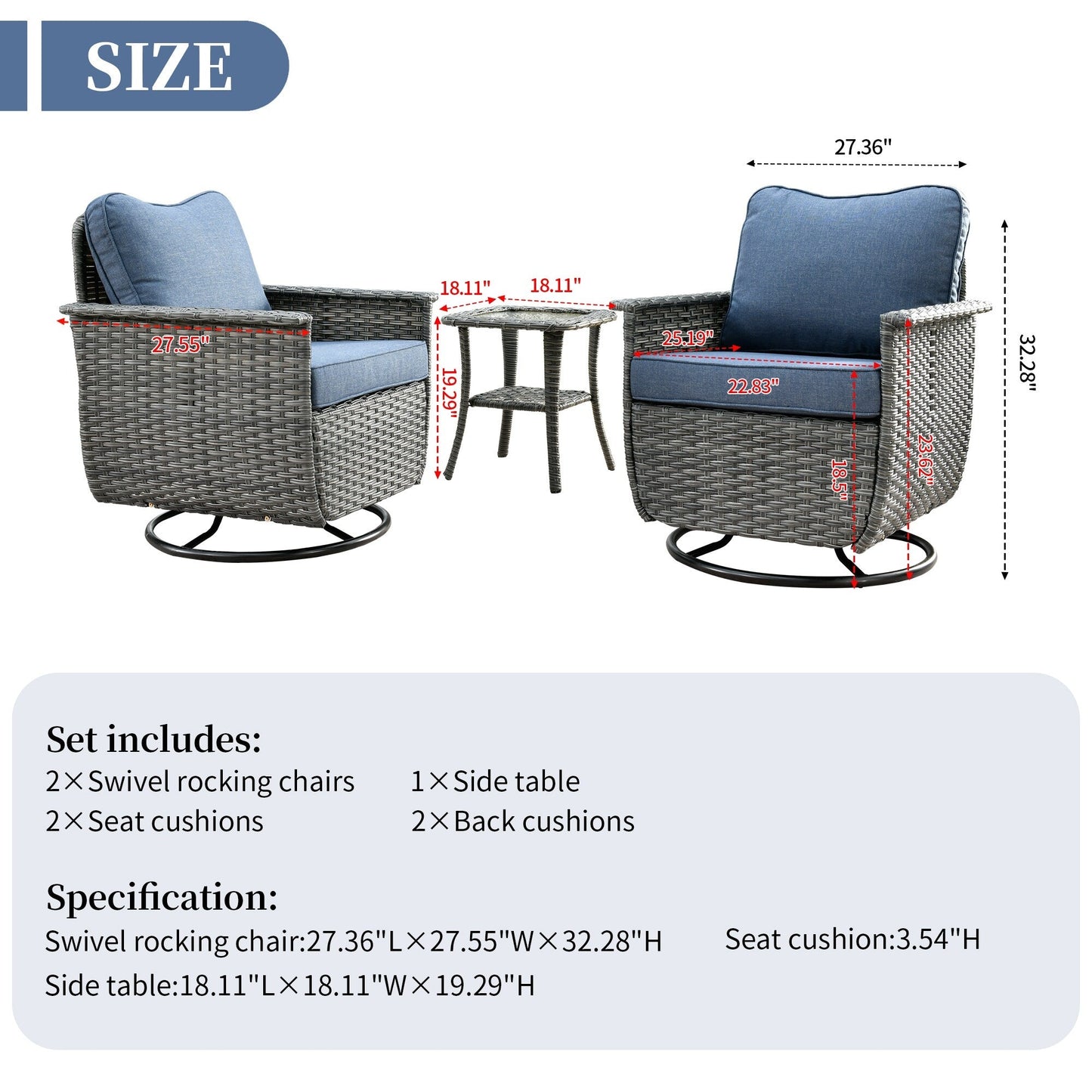 Ensemble de 3 chaises pivotantes en osier pour patio OVIOS, adaptées aux animaux de compagnie