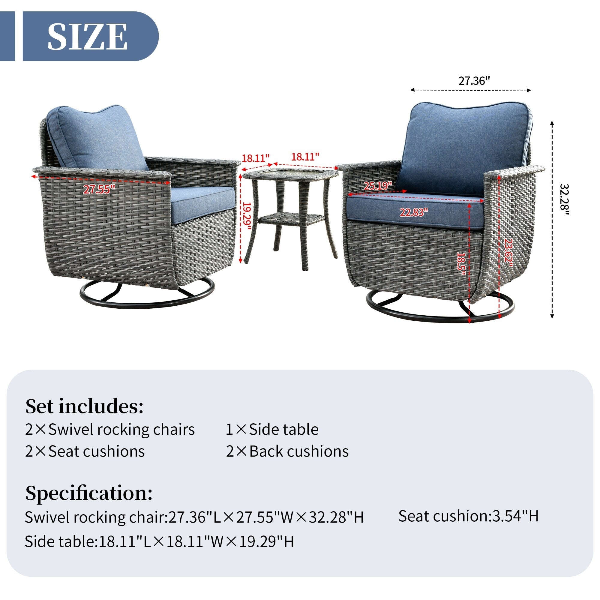 Ensemble de 3 chaises pivotantes en osier pour patio OVIOS, adaptées aux animaux de compagnie