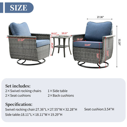 Ensemble de 3 chaises pivotantes en osier pour patio OVIOS, adaptées aux animaux de compagnie
