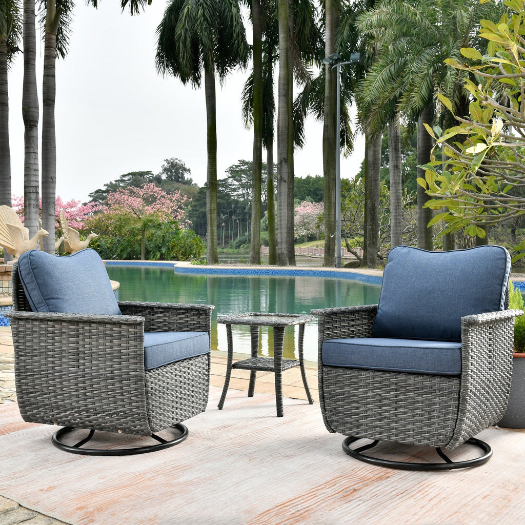 Ensemble de 3 chaises pivotantes en osier pour patio OVIOS, adaptées aux animaux de compagnie