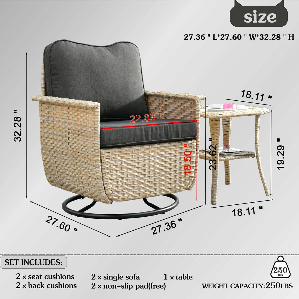 Ensemble de 3 chaises pivotantes en osier pour patio OVIOS, adaptées aux animaux de compagnie