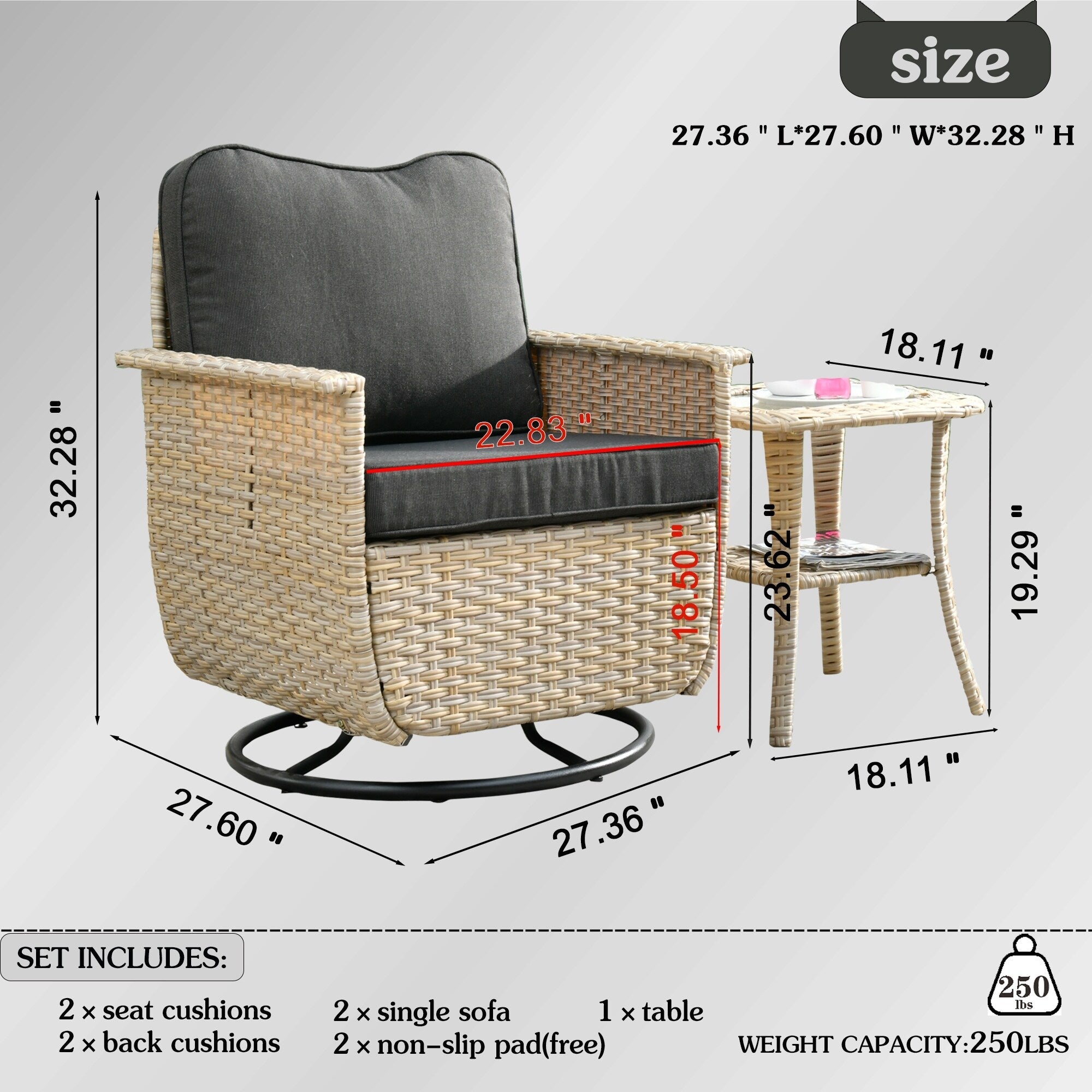 Ensemble de 3 chaises pivotantes en osier pour patio OVIOS, adaptées aux animaux de compagnie