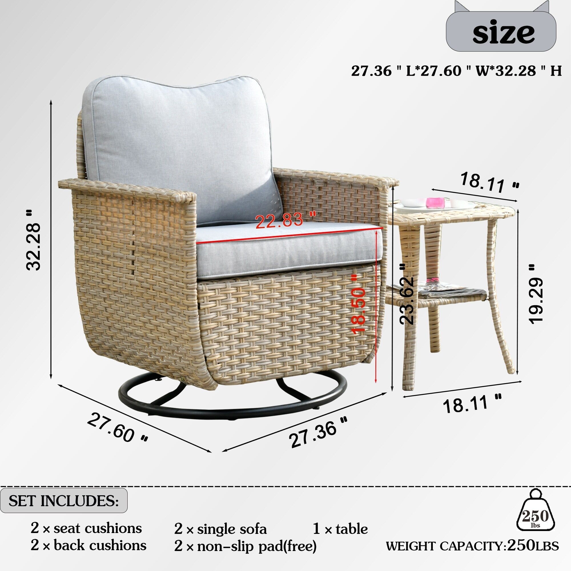 Ensemble de 3 chaises pivotantes en osier pour patio OVIOS, adaptées aux animaux de compagnie