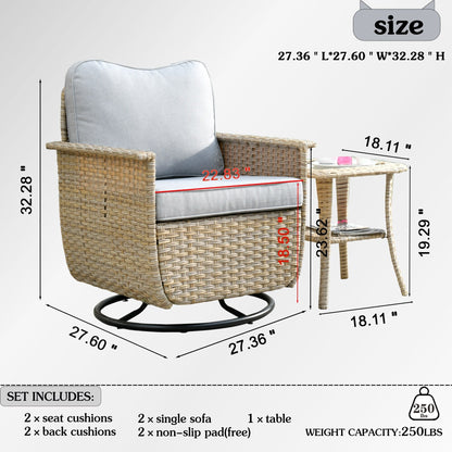 Ensemble de 3 chaises pivotantes en osier pour patio OVIOS, adaptées aux animaux de compagnie