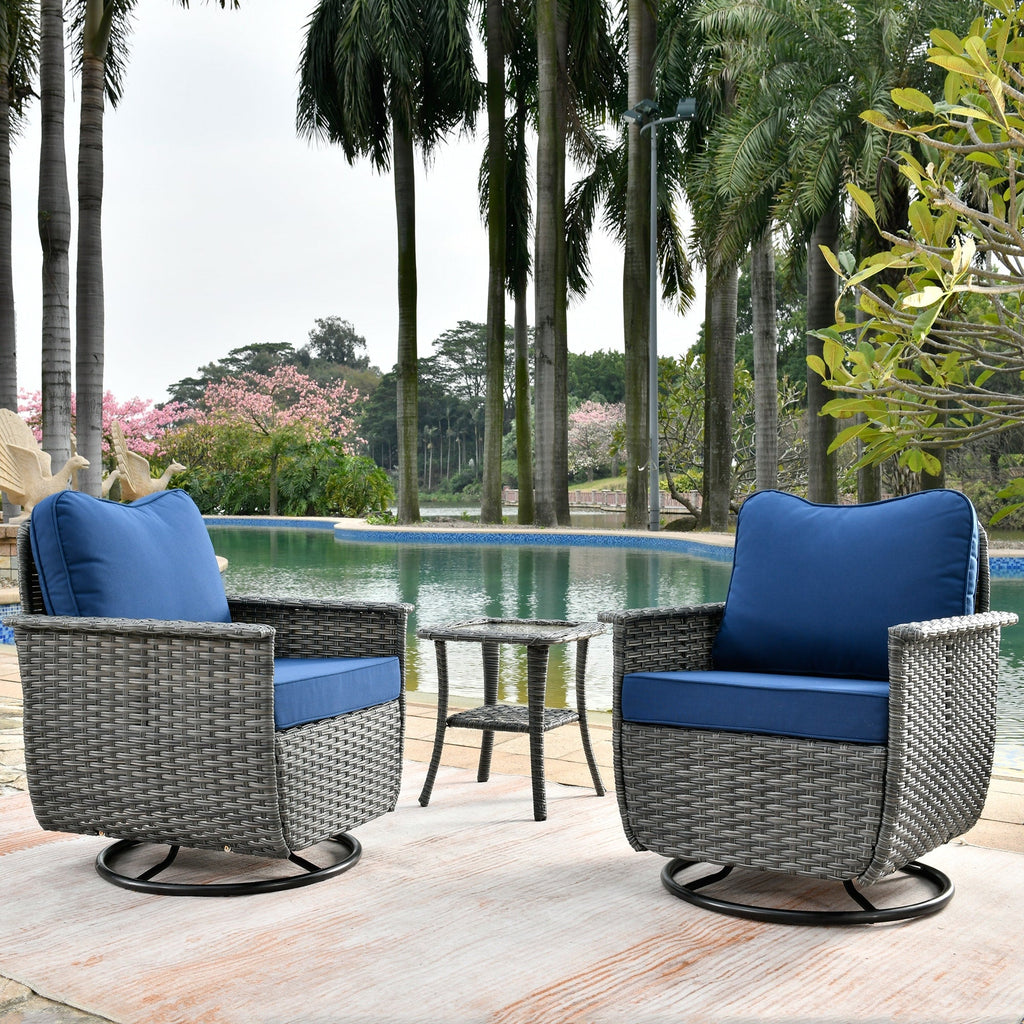 Ensemble de 3 chaises pivotantes en osier pour patio OVIOS, adaptées aux animaux de compagnie