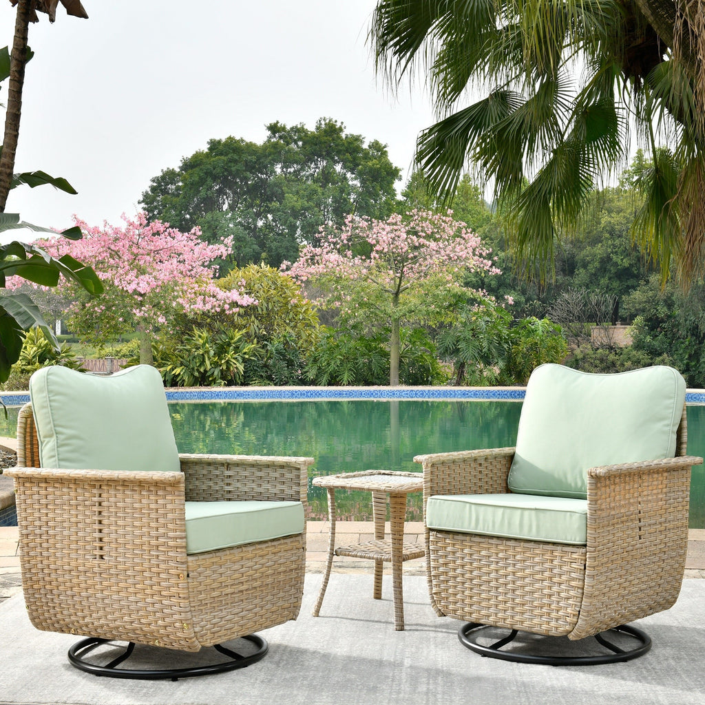 Ensemble de 3 chaises pivotantes en osier pour patio OVIOS, adaptées aux animaux de compagnie