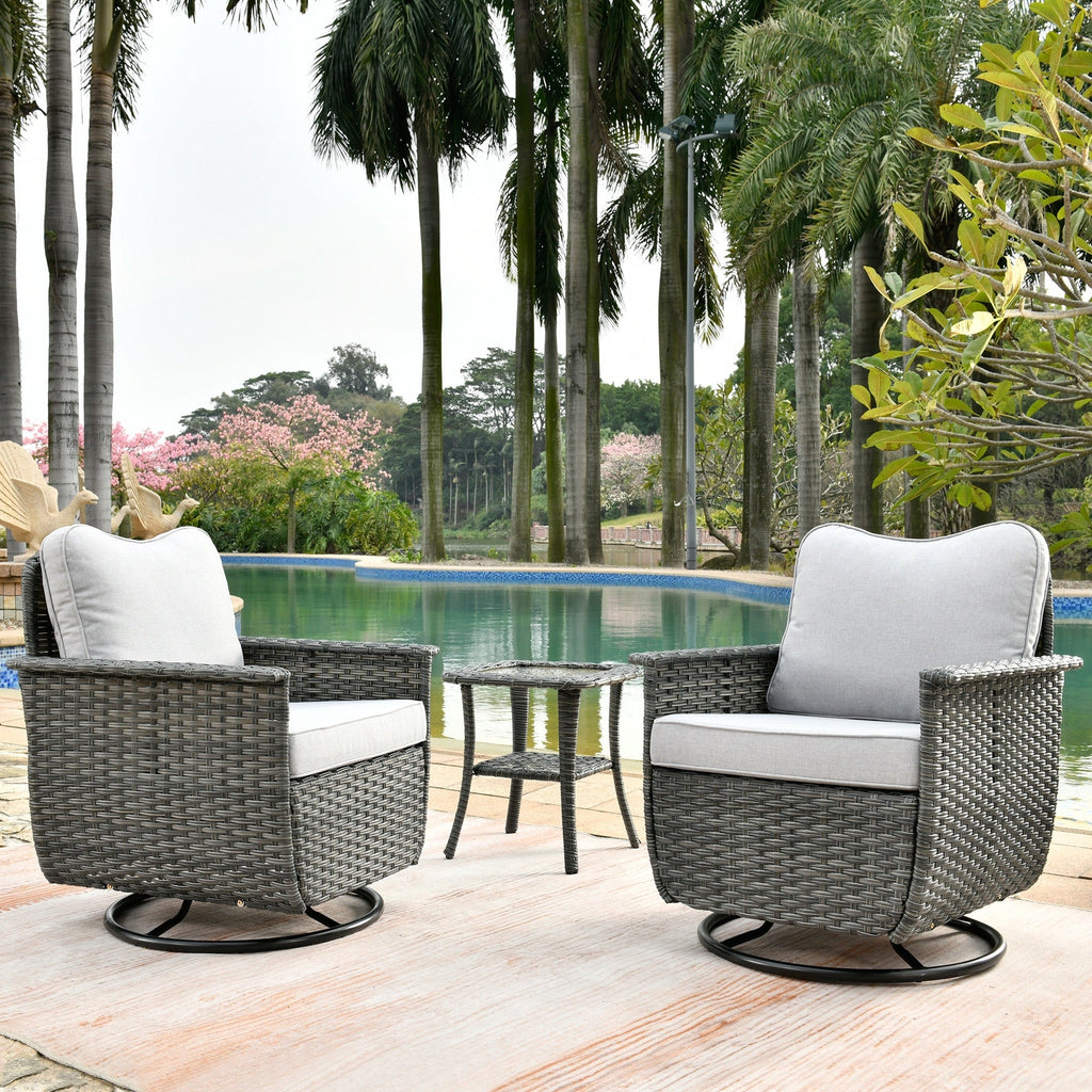 Ensemble de 3 chaises pivotantes en osier pour patio OVIOS, adaptées aux animaux de compagnie