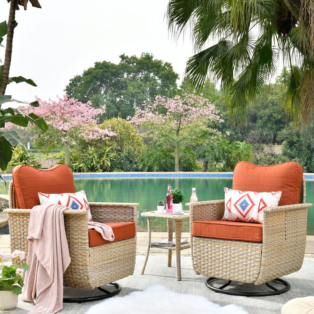 Ensemble de 3 chaises pivotantes en osier pour patio OVIOS, adaptées aux animaux de compagnie
