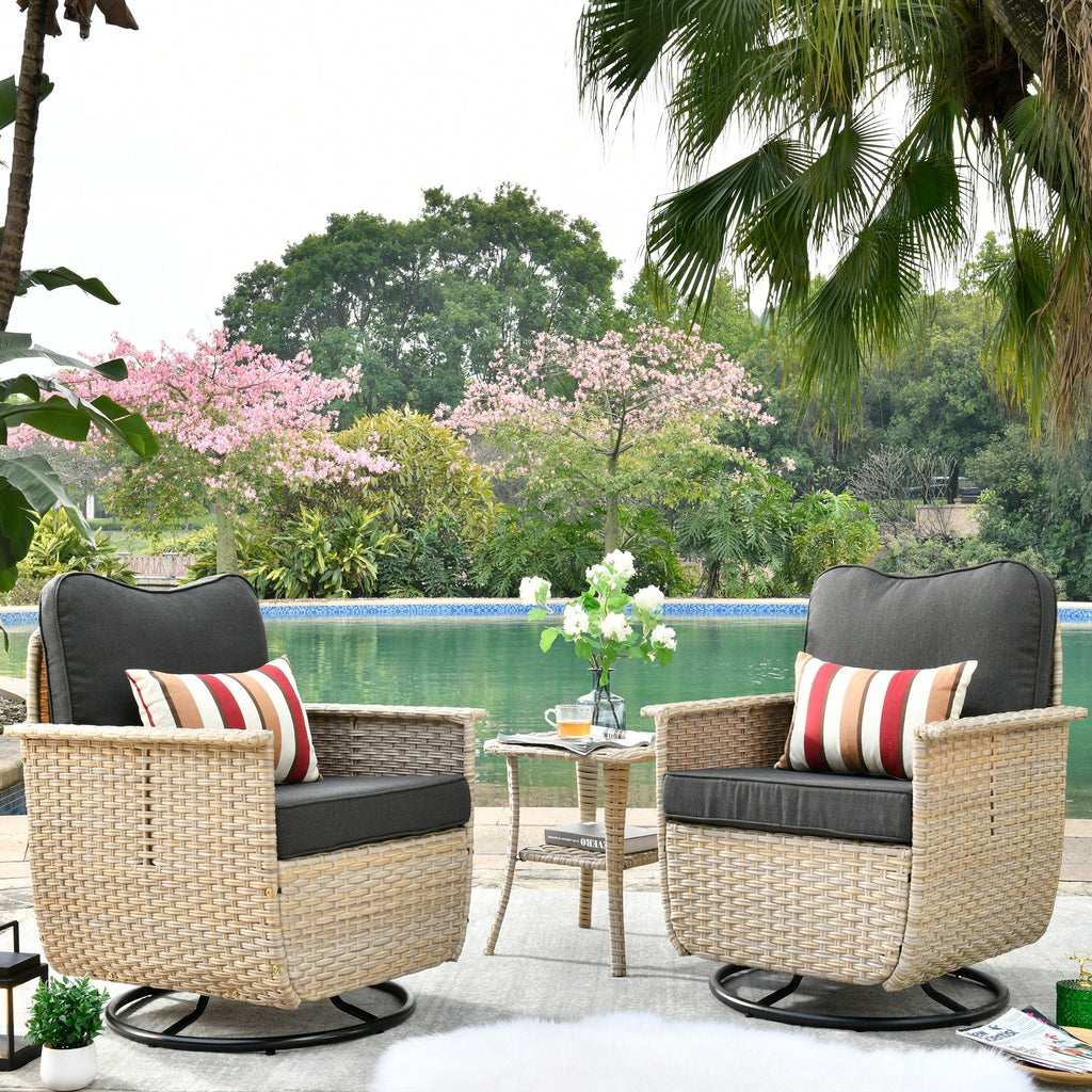 Ensemble de 3 chaises pivotantes en osier pour patio OVIOS, adaptées aux animaux de compagnie