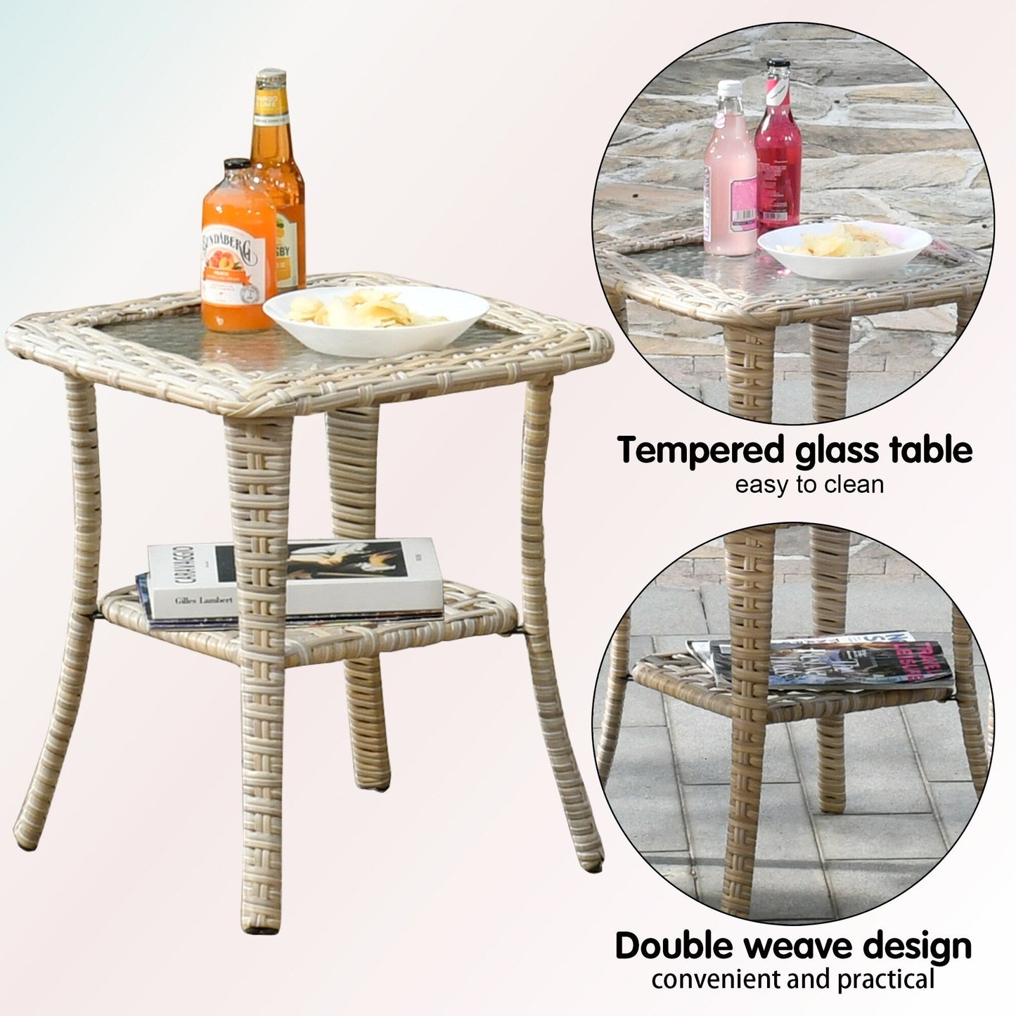 Ensemble de 3 chaises pivotantes en osier pour patio OVIOS, adaptées aux animaux de compagnie