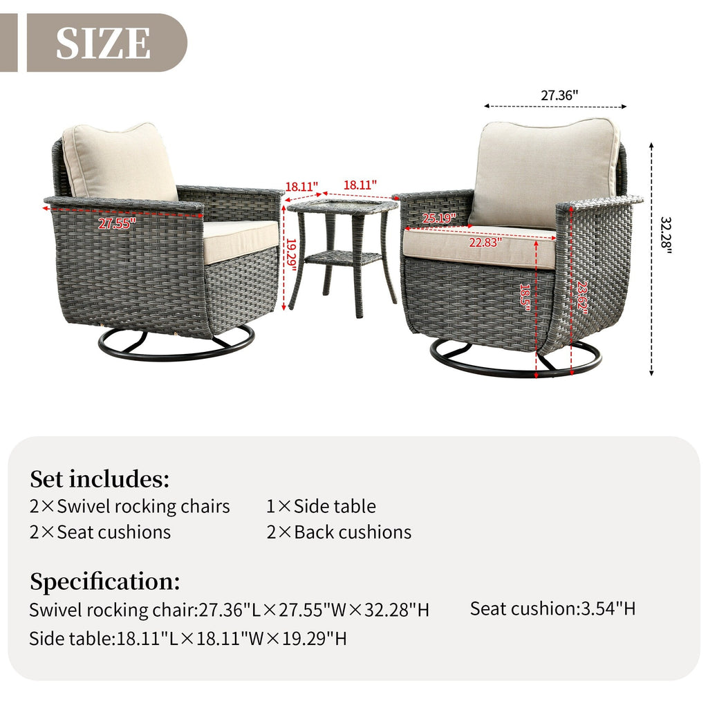 Ensemble de 3 chaises pivotantes en osier pour patio OVIOS, adaptées aux animaux de compagnie