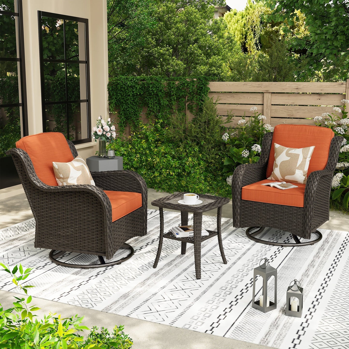 Ensemble de 3 chaises pivotantes en osier pour patio OVIOS