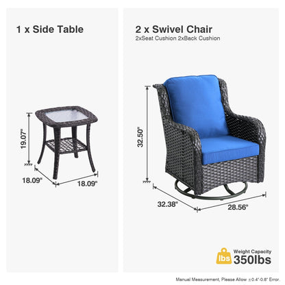 Ensemble de 3 chaises pivotantes en osier pour patio OVIOS