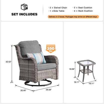 Ensemble de 3 chaises pivotantes en osier pour patio OVIOS