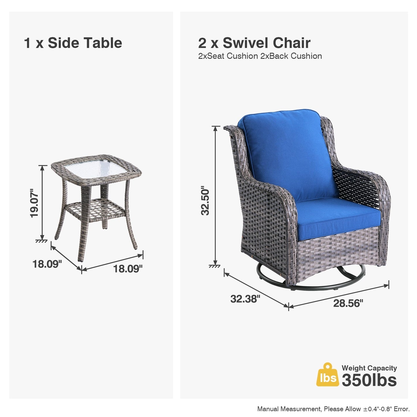 Ensemble de 3 chaises pivotantes en osier pour patio OVIOS