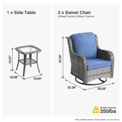 Ensemble de 3 chaises pivotantes en osier pour patio OVIOS