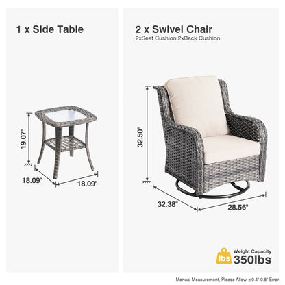 Ensemble de 3 chaises pivotantes en osier pour patio OVIOS