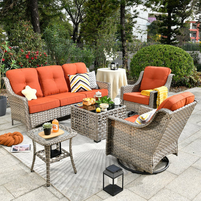 Ensemble de 5 chaises pivotantes d'extérieur en osier OVIOS avec table à énergie solaire