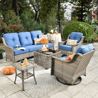 Ensemble de 5 chaises pivotantes d'extérieur en osier OVIOS avec table à énergie solaire