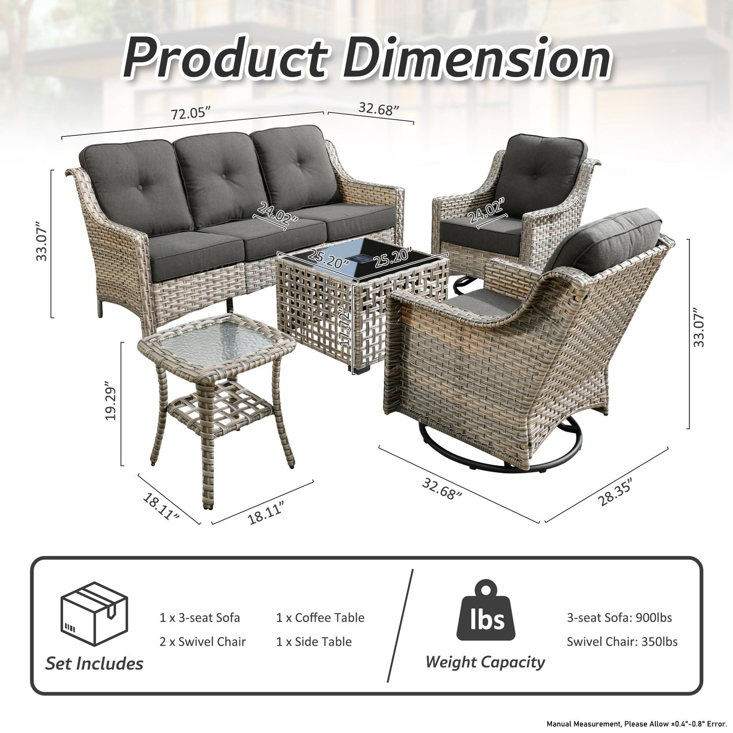 Ensemble de 5 chaises pivotantes d'extérieur en osier OVIOS avec table à énergie solaire