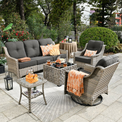 Ensemble de 5 chaises pivotantes d'extérieur en osier OVIOS avec table à énergie solaire