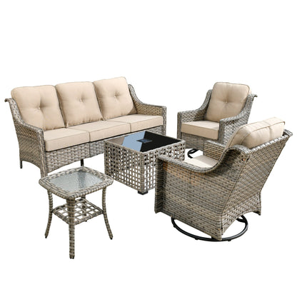 Ensemble de 5 chaises pivotantes d'extérieur en osier OVIOS avec table à énergie solaire