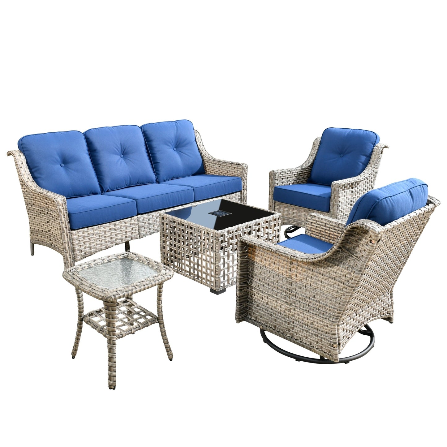 Ensemble de 5 chaises pivotantes d'extérieur en osier OVIOS avec table à énergie solaire